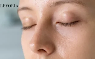 A close-up view of a woman with eyes closed, showing an oily shine along her nose and forehead alongside normal-to-dry cheek texture.