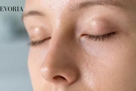 A close-up view of a woman with eyes closed, showing an oily shine along her nose and forehead alongside normal-to-dry cheek texture.