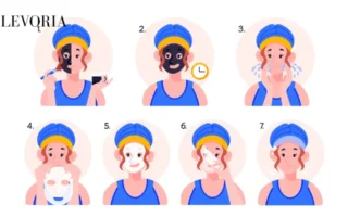 Illustrated 7-step guide showing how to apply a charcoal face mask, rinse, and layer a hydrating sheet mask for clear skin.