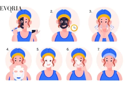 Illustrated 7-step guide showing how to apply a charcoal face mask, rinse, and layer a hydrating sheet mask for clear skin.