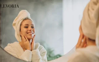 A smiling woman in a white bathrobe with a towel wrapped around her head gently touching her face while looking in a bathroom mirror.